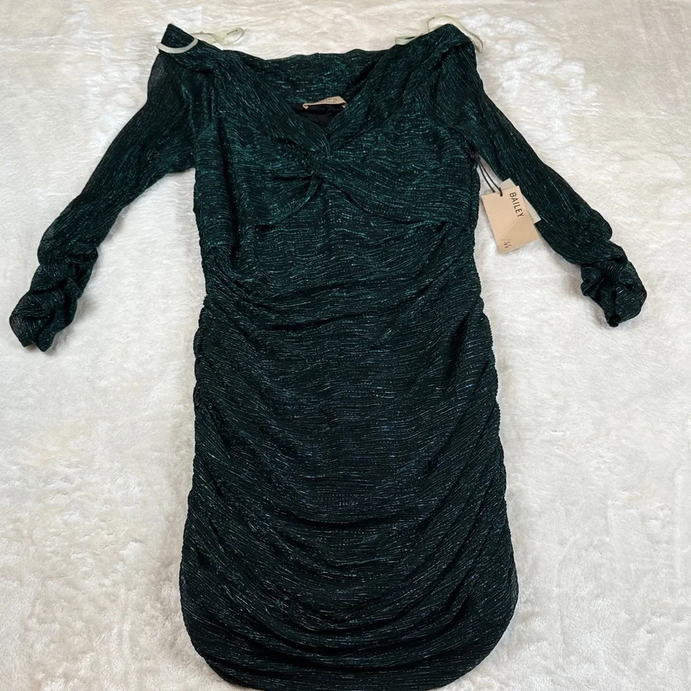 NWT Bailey 44 Kha Emerald Metallic Shimmer Ruched Long Sleeve Dress XL MSRP $228